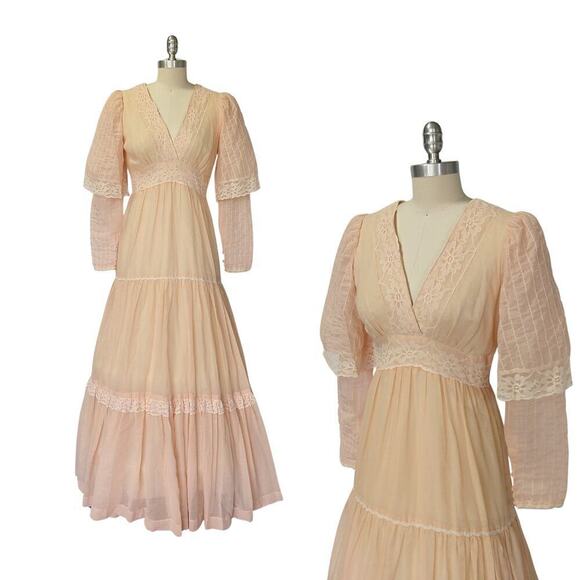 Gunne Sax Pink Peachy Maxi Dress Size 11 S Vintage 70s Overlay Sleeves Prairie - Picture 1 of 11
